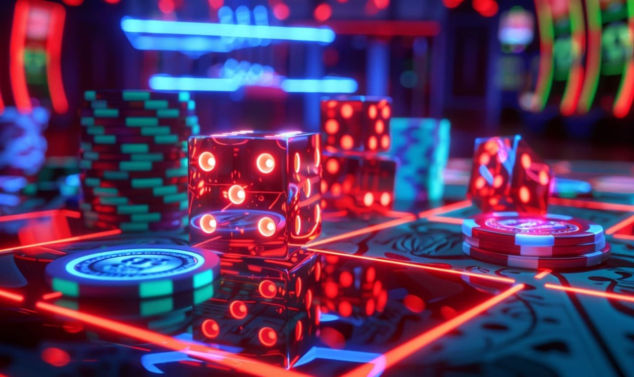 Live casino dealer studio with blackjack and roulette tables